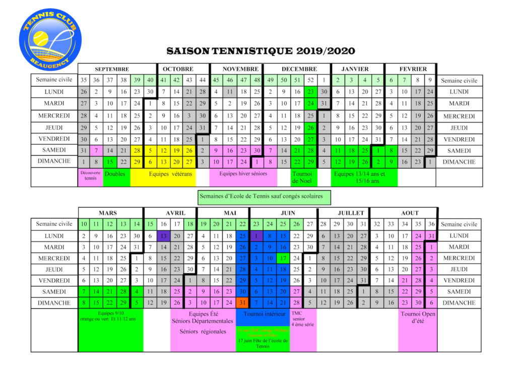 Calendrier - Tennis Club Beaugency